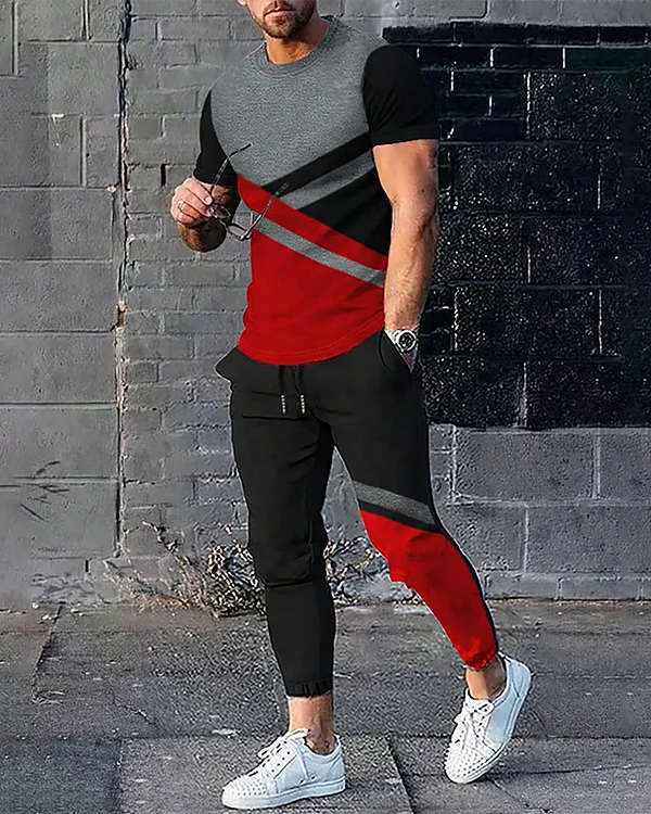 Men's simple contrast color short-sleeved trousers suit 4 colors 486