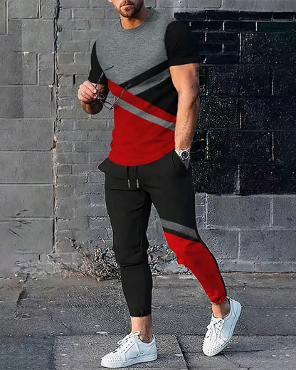Men's simple contrast color short-sleeved trousers suit 4 colors 486