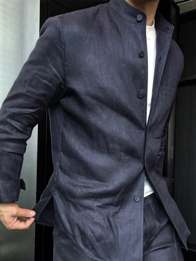 Premium Linen-Blend Mandarin Collar Suit-Navy Blue