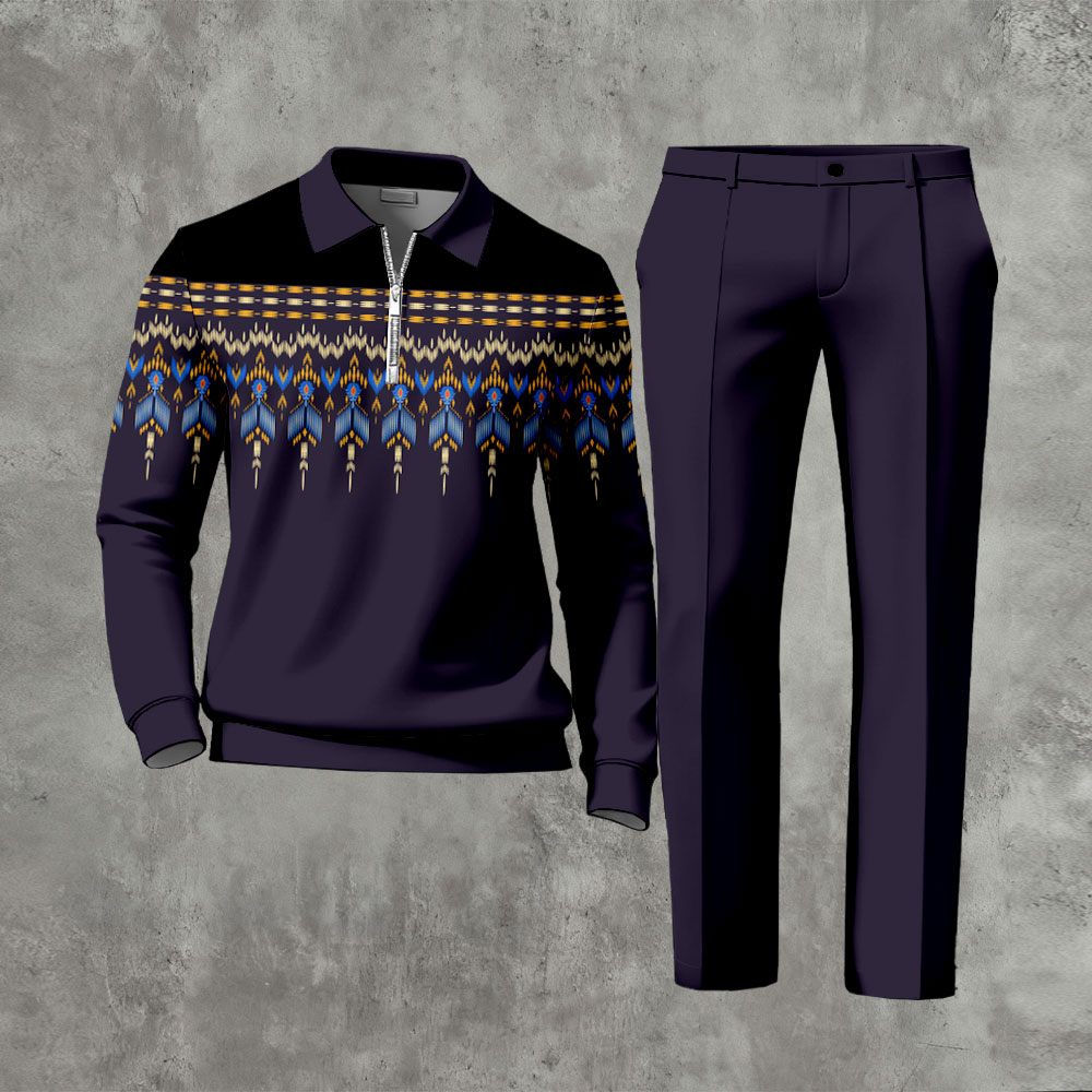 Men's Casual Purple Color Matching Ethnic Style Printed Zipper Long Sleeved Polo Shirt & Trousers Two-Piece Set