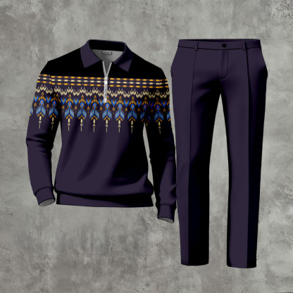 Men's Casual Purple Color Matching Ethnic Style Printed Zipper Long Sleeved Polo Shirt & Trousers Two-Piece Set