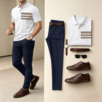 Men's  White & Khaki Color Matching Short Sleeved Polo Shirt & Pants Two-Piece Set