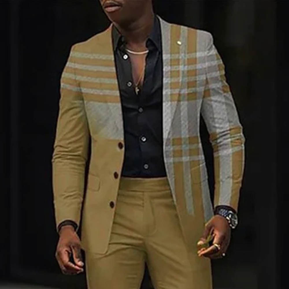 Men's Gradient Color Matching Printed Long Sleeves Suits Jacket& Trousers Two Pieces Set