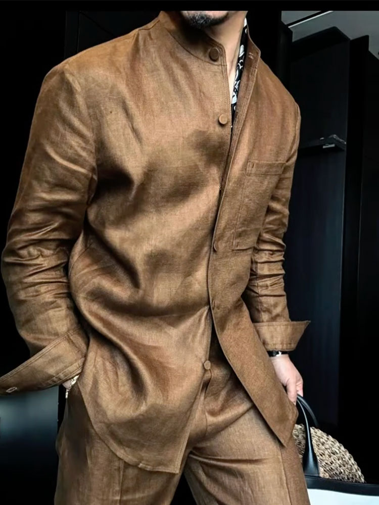 Premium Linen-Blend Mandarin Collar Suit-Coffee