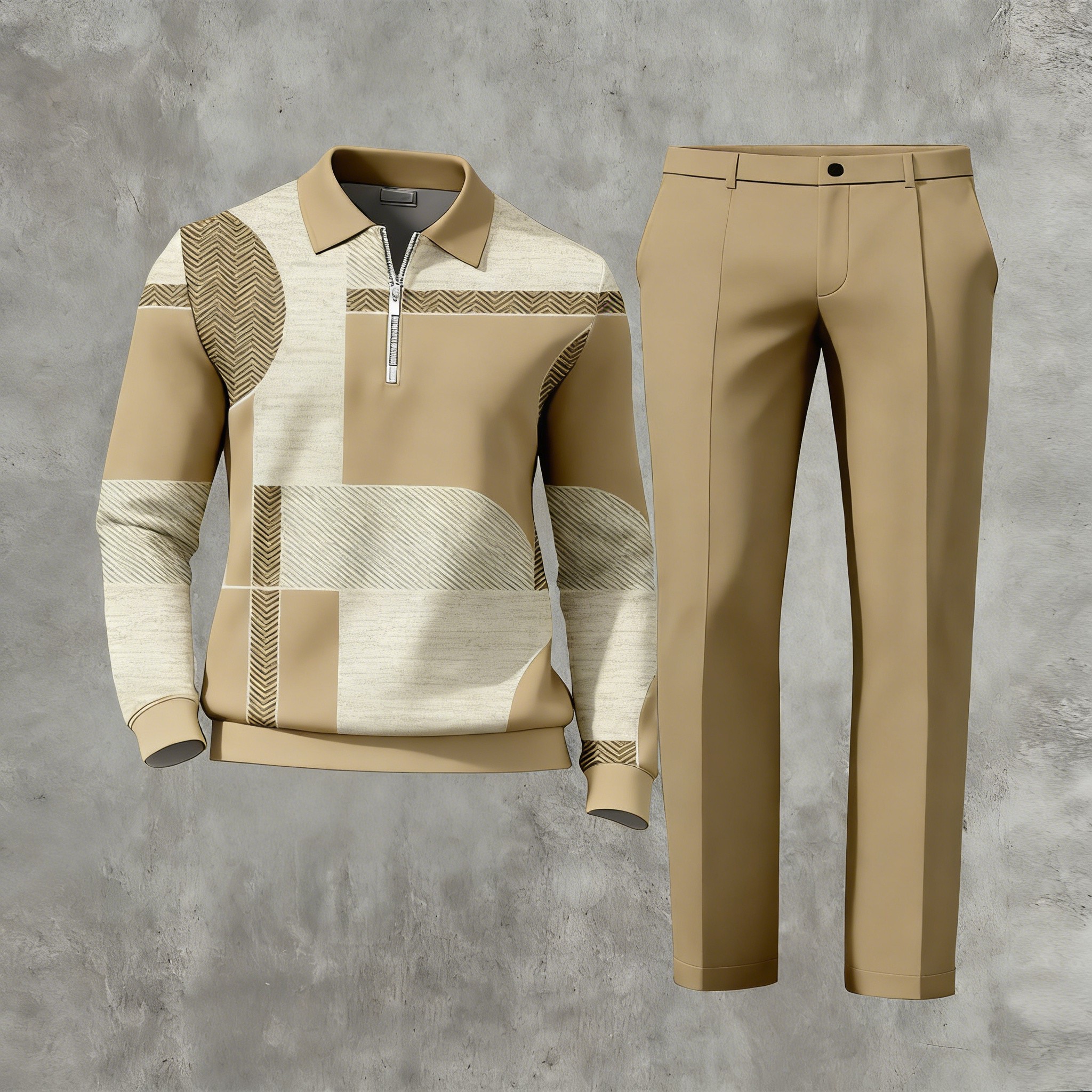 Men's Casual Multi Color Matching Geometric Printed Zipper Long Sleeved Polo Shirt & Trousers Two-Piece Set