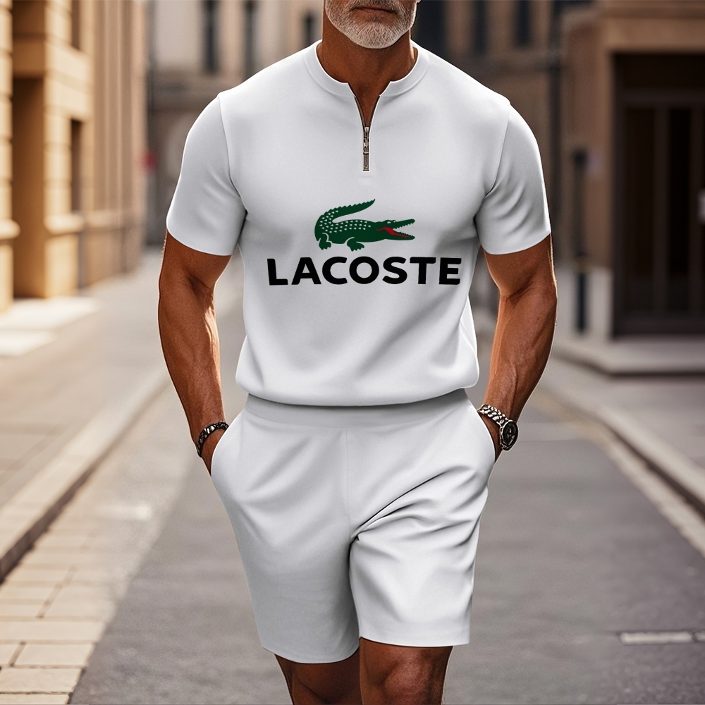 Men's Fashion Round Neck White With Printed Zipper Short Sleeve+Casual Shorts Two Piece Set