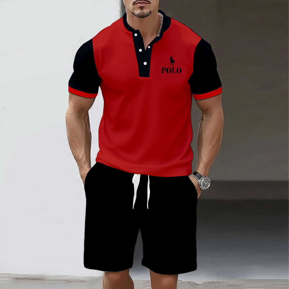 Men's Fashion Polo Round-Neck Geometric Printed Short-Sleeved Two-Piece Set