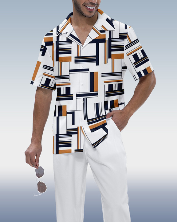 Men's Color Block Print Short Sleeve Shirt Walking Set 2 Color
