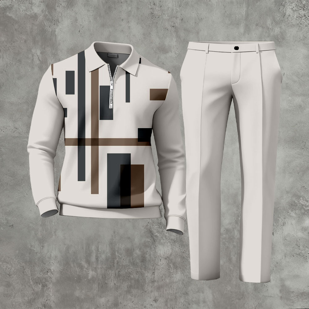 Men's Casual Light Gray Color Matching Geometric Printed Polo-Collar Zipper Long Sleeved Trousers Two-Piece Set