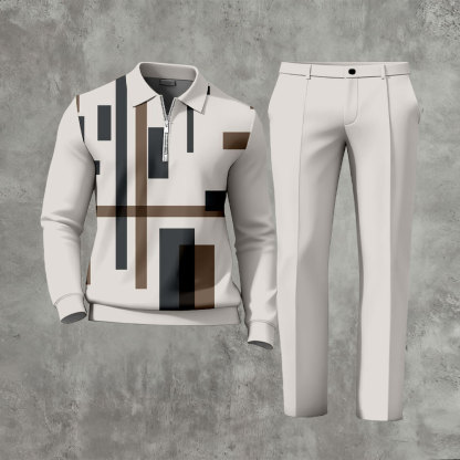Men's Casual Light Gray Color Matching Geometric Printed Polo-Collar Zipper Long Sleeved Trousers Two-Piece Set