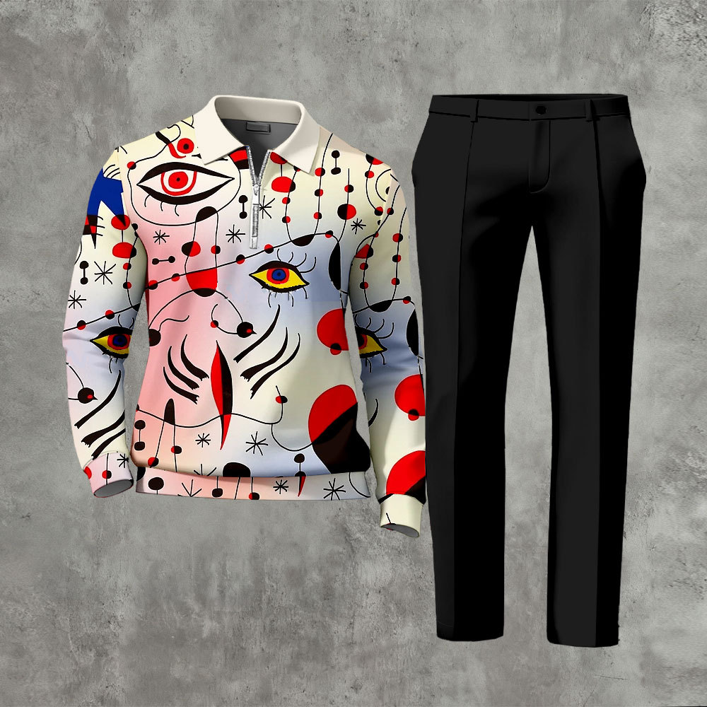 Men's Casual Multicolor Graffiti Printed Polo-Collar Zipper Long Sleev