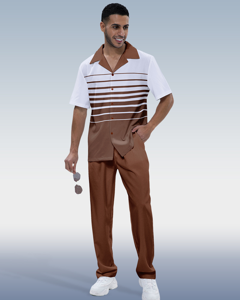 Men's Striped Print Short Sleeve Walking Suit
