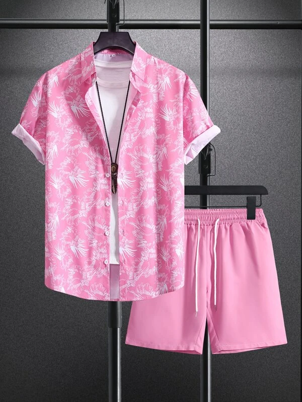 Men's Pink Hawaiian Print Short Sleeve Shirt Set