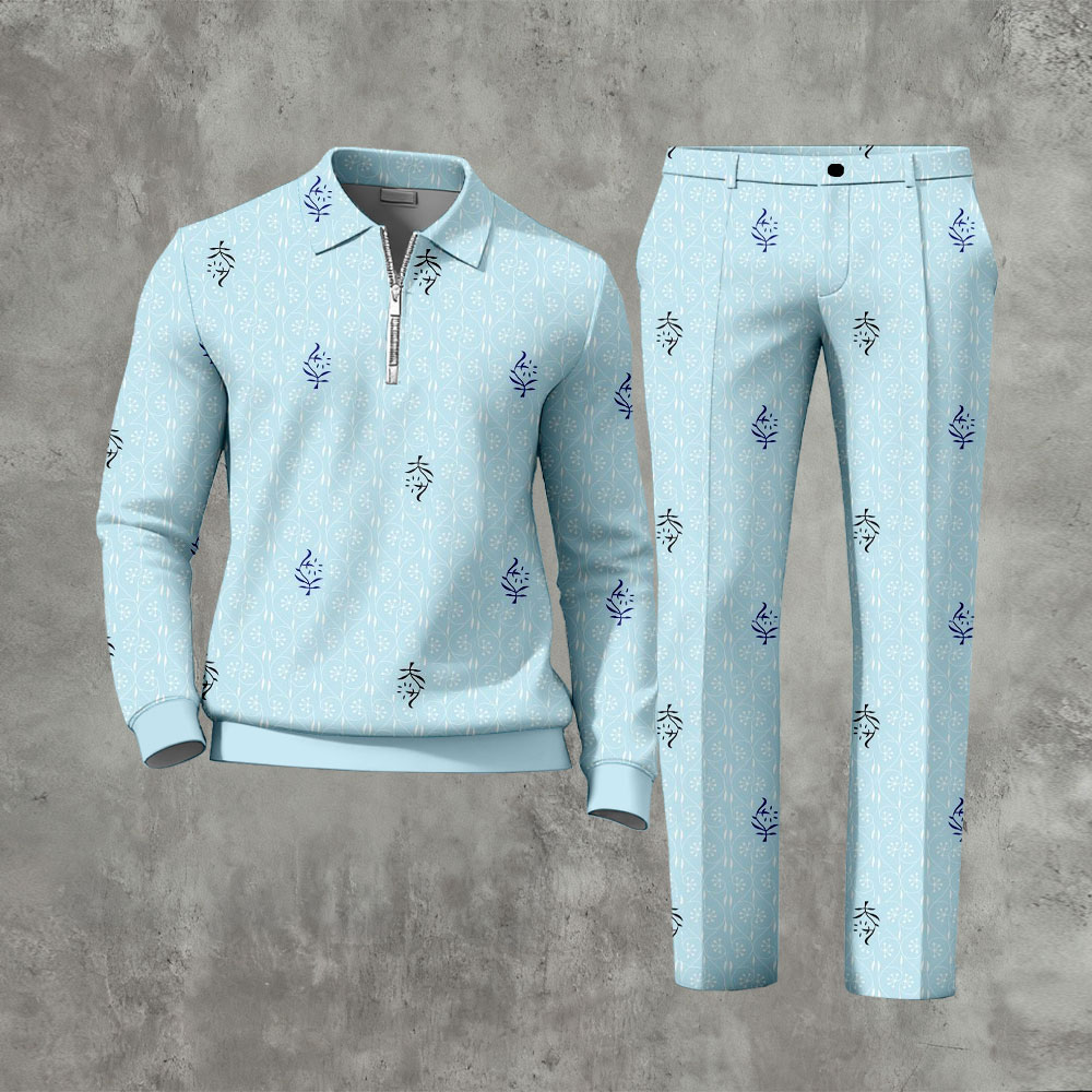Men's Casual Light Blue Flower Printed Zipper Long Sleeved Polo Shirt & Trousers Two-Piece Set