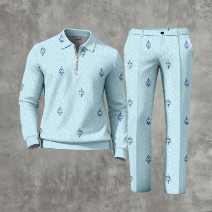 Men's Casual Light Blue Flower Printed Zipper Long Sleeved Polo Shirt & Trousers Two-Piece Set