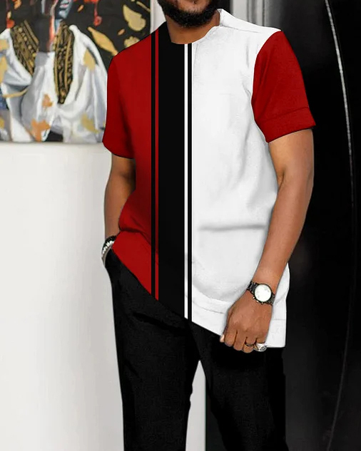 Suitmens Men's Colorblock Print Short Sleeve Sports Walking Suit -305