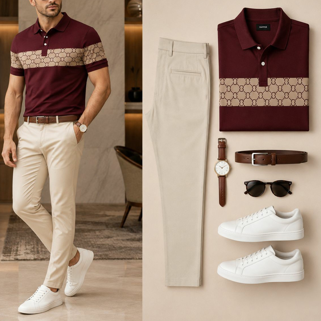 Men's Casual Wine Red & Off White Printed Polo Shirt And Pants Two-Piece Set