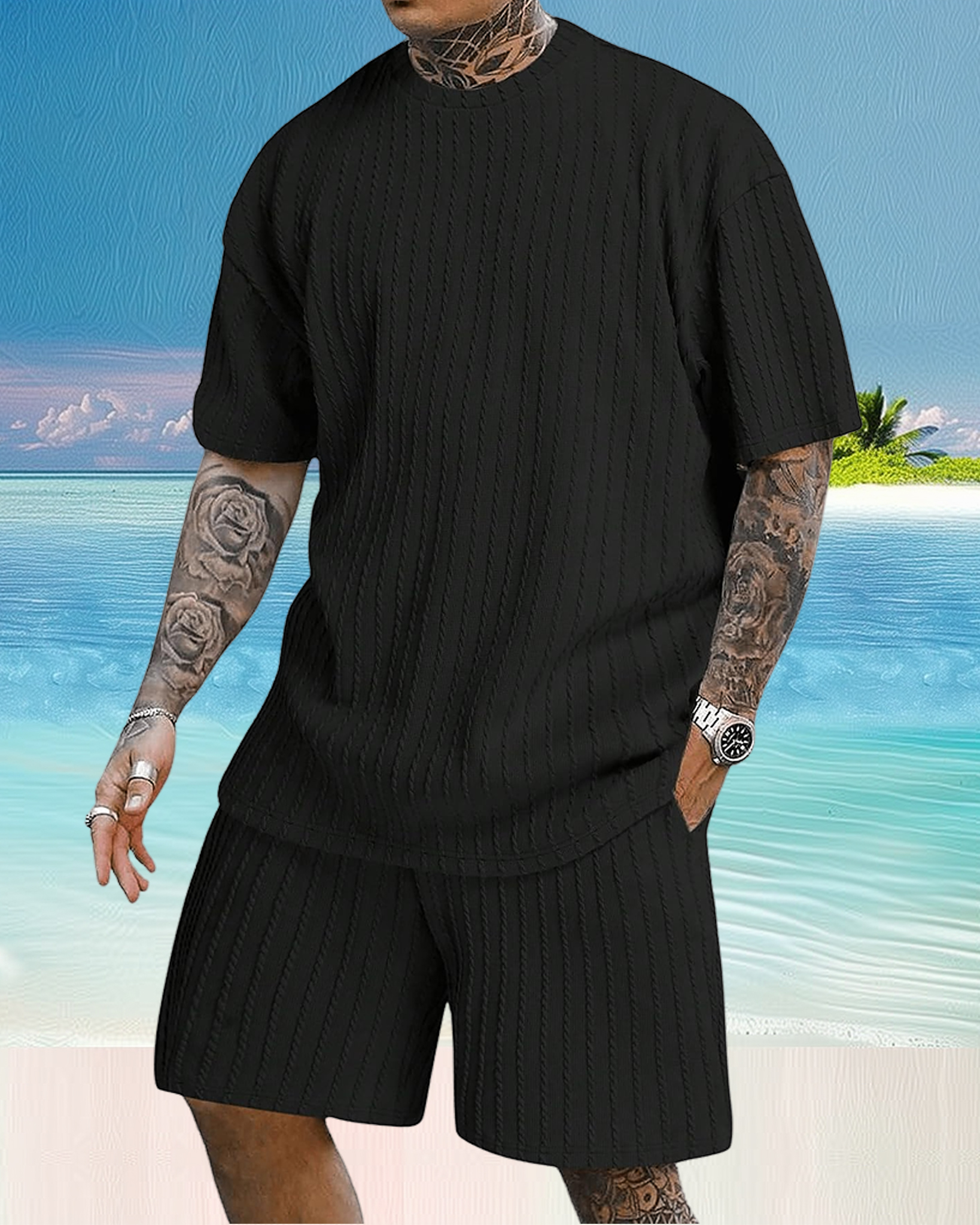 Men's casual gorgeous textured printed shorts set