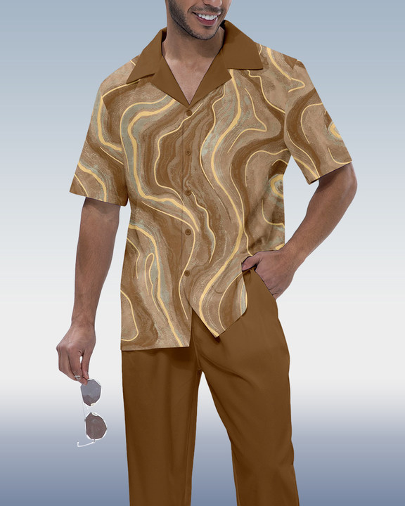 Suitmens Men's Coffee Print Short Sleeve Shirt Walking Set 376