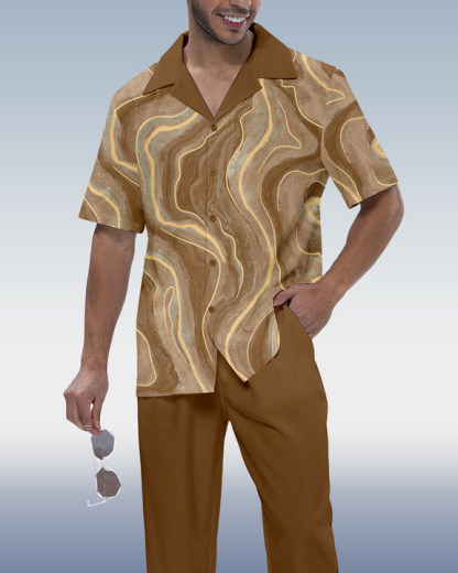 Men's Coffee Print Short Sleeve Shirt Walking Set