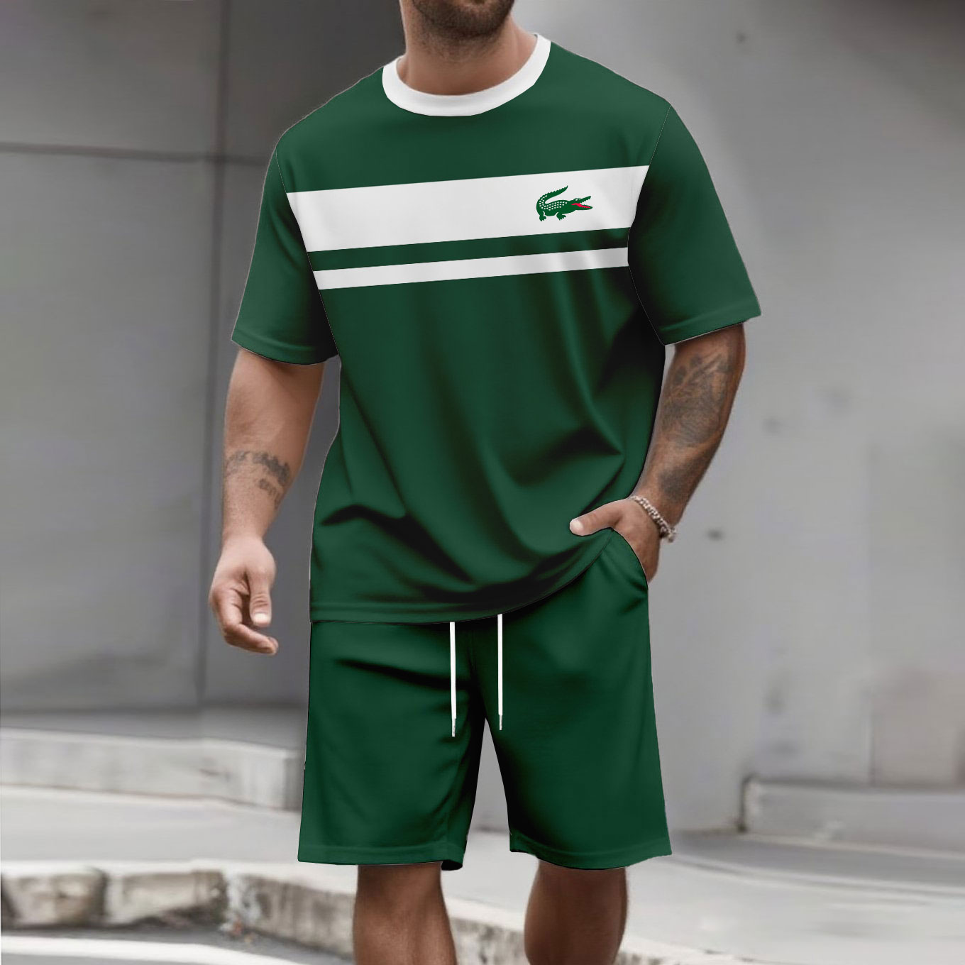 Men's Fashion Casual Color Matching Printed Short-Sleeved Two-Piece Set