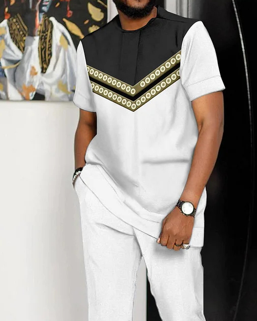 Suitmens Men's White Printed Short Sleeve Suit 158