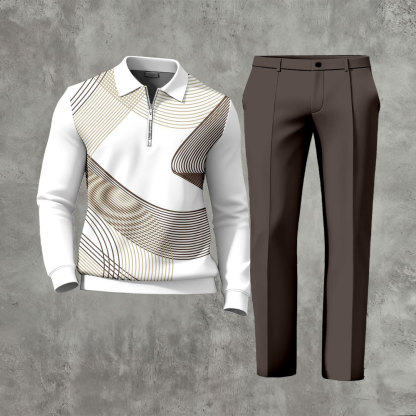 Men's Casual Coffee & White Color Matching Striped Printed Polo-Collar Zipper Long Sleeved Trousers Two-Piece Set