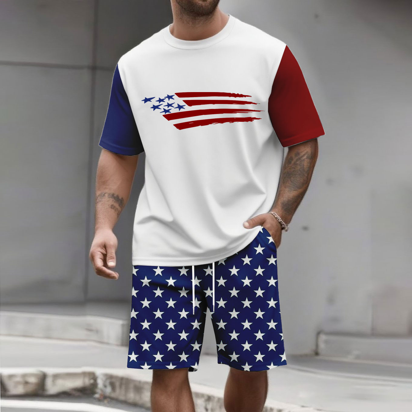 Men's Fashion Casual Color Matching Printed Short-Sleeved Two-Piece Set