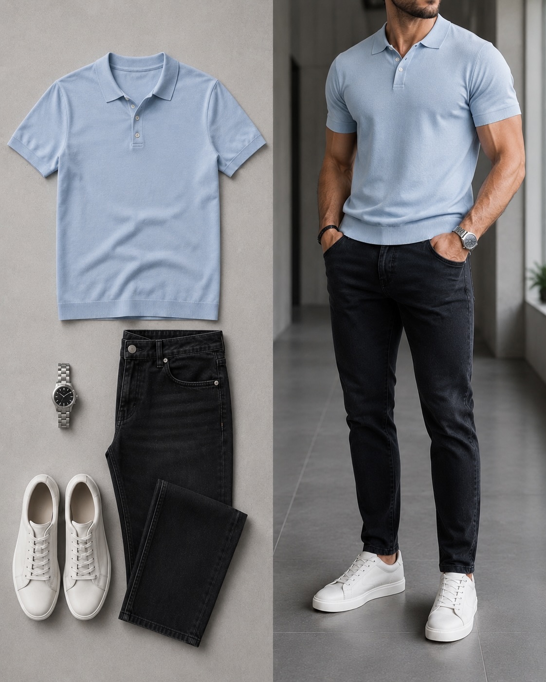 Men's Black Color Polo Lapel Collar Shirt & Pants Two-Piece Set