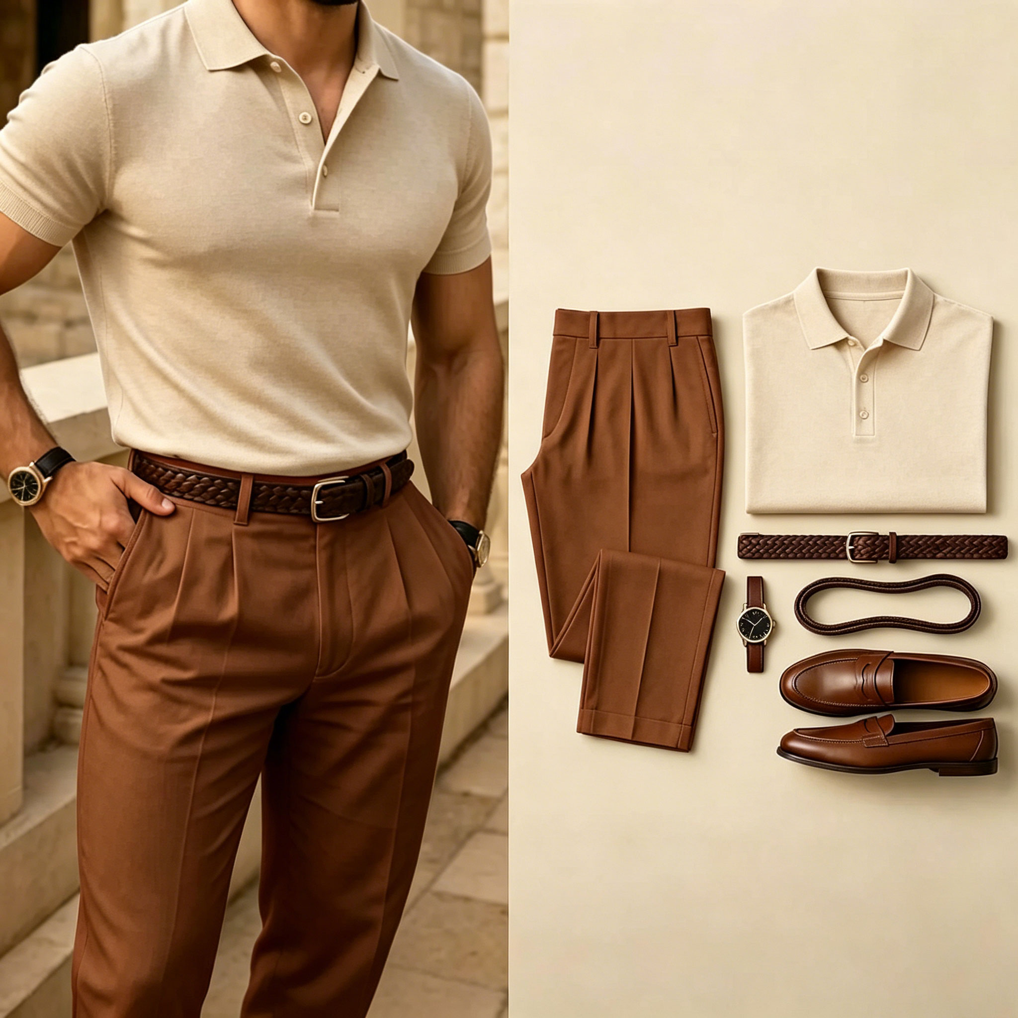 Men's Casual Color Matching Short Sleeves Polo Shirt & Pants Two Piece Set