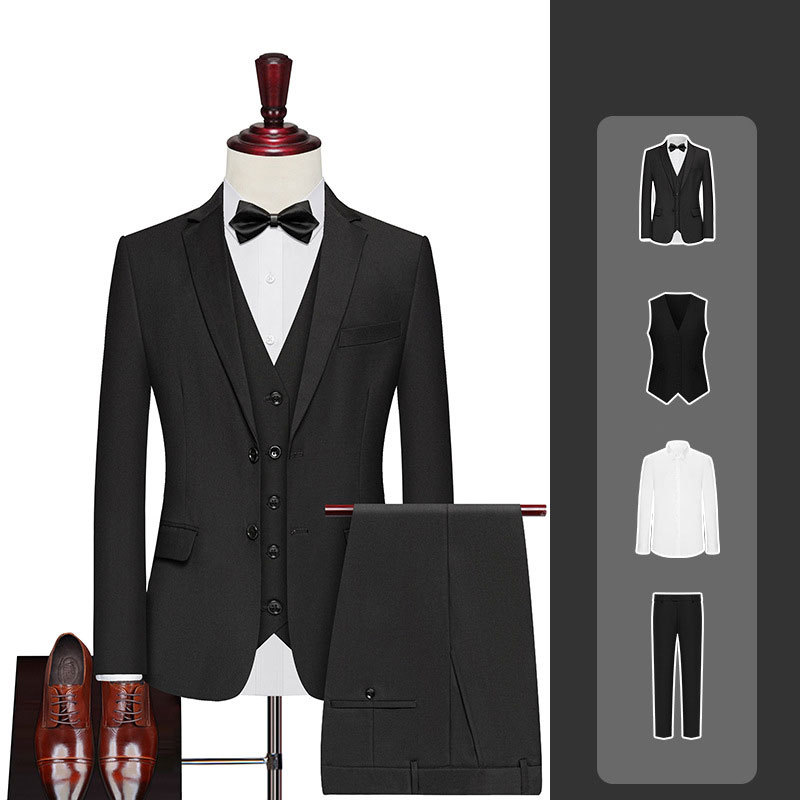 Men's Business Suits Double-Breasted Black Jacket + Vest + Shirt + Trousers