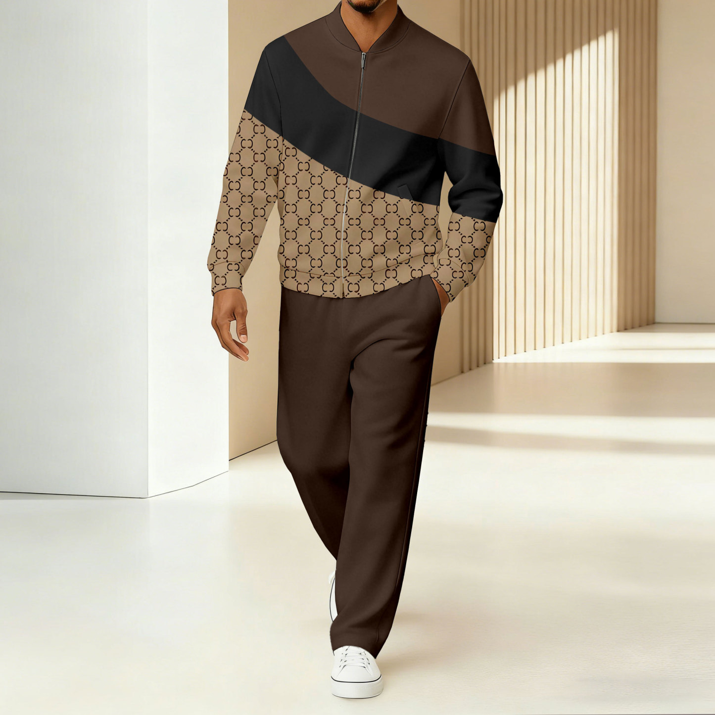 Men's Coffee & Tan Color-Block Asymmetric Printed Jacket Sports Jogging Set