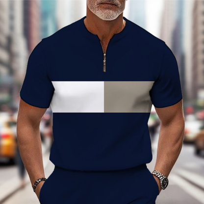 Men's Fashion Casual Round-Neck Navy Blue Geometric Printed Short-Sleeved Two-Piece Set