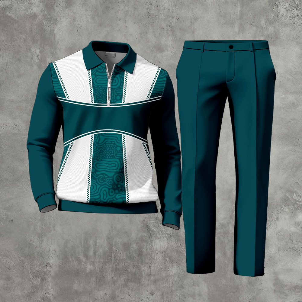 Men's Casual Dark Green & White Color Matching Retro Printed Zipper Long Sleeved Polo Shirt & Trousers Two-Piece Set