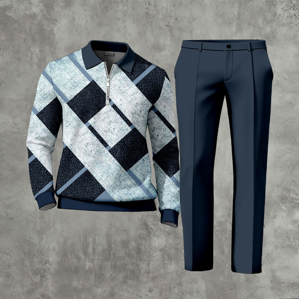 Men's Casual Navy Blue Color Matching Geometric Printed Polo-Collar Zipper Long Sleeved Trousers Two-Piece Set