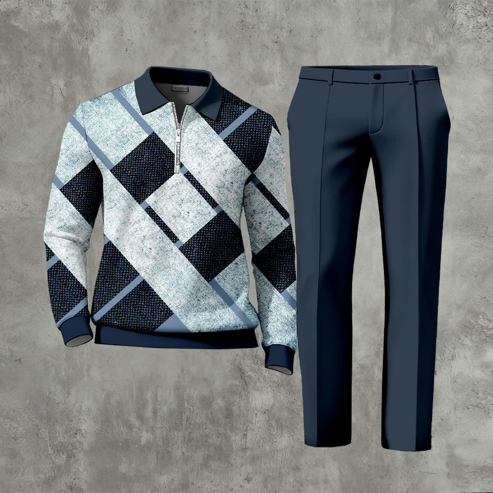 Men's Casual Navy Blue Color Matching Geometric Printed Polo-Collar Zi
