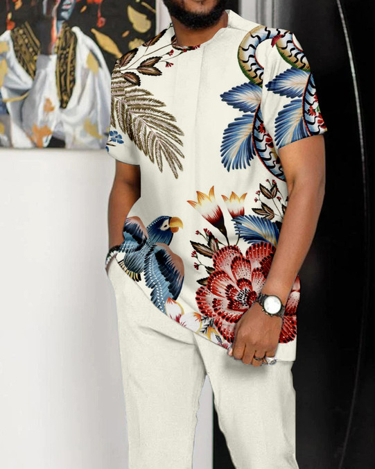 Suitmens Men's Floral Print Short Sleeve Athletic Walking Suit -357