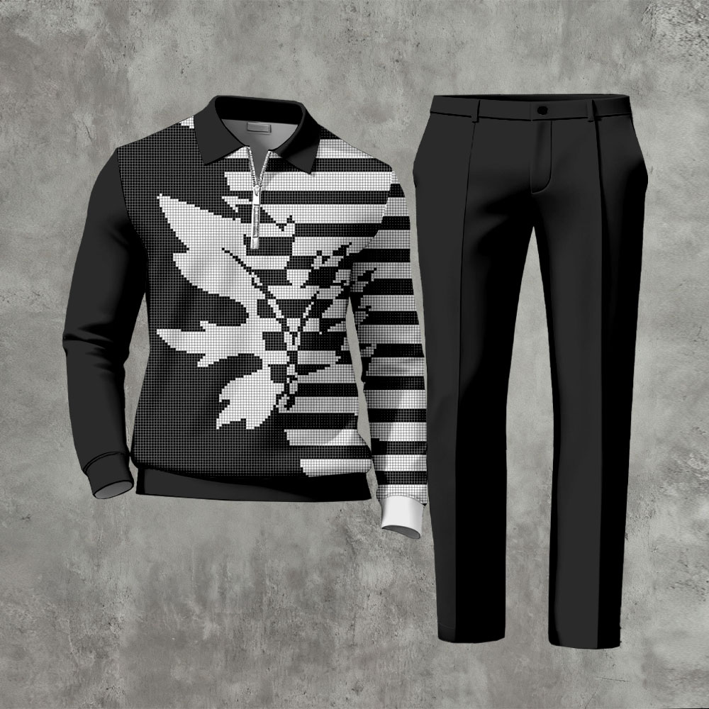 Men's Casual Black & Gray Color Matching Asymmetric Leaf And Striped Printed Zipper Long Sleeved Polo Shirt & Trousers Two-Piece Set