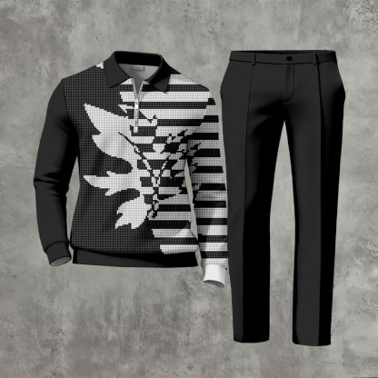 Men's Casual Black & Gray Color Matching Asymmetric Leaf And Striped Printed Zipper Long Sleeved Polo Shirt & Trousers Two-Piece Set