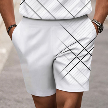 Men's Fashion Casual Round-Neck White & Graty Checkered Printed Short-Sleeved Two-Piece Set