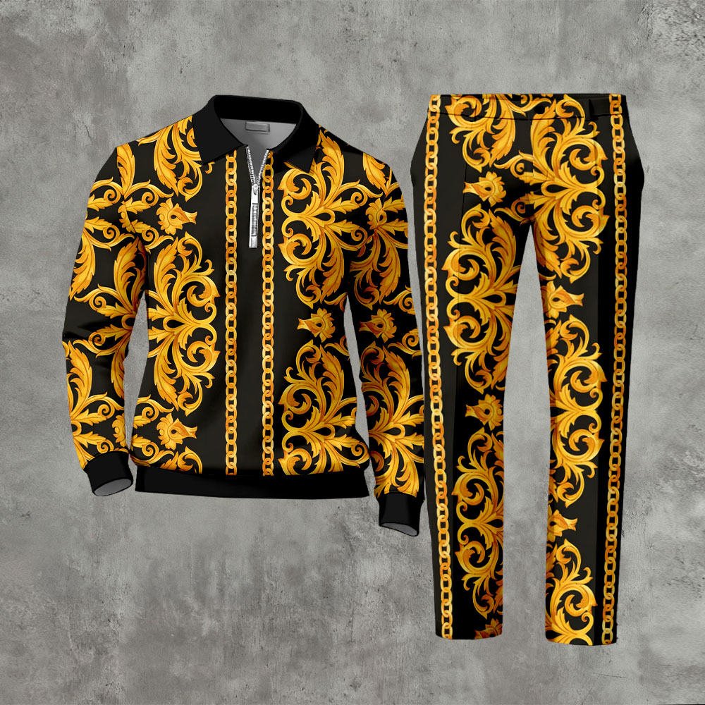 Men's Casual Gold Baroque & Black Printed Zipper Long Sleeved Polo Shirt & Trousers Two-Piece Set