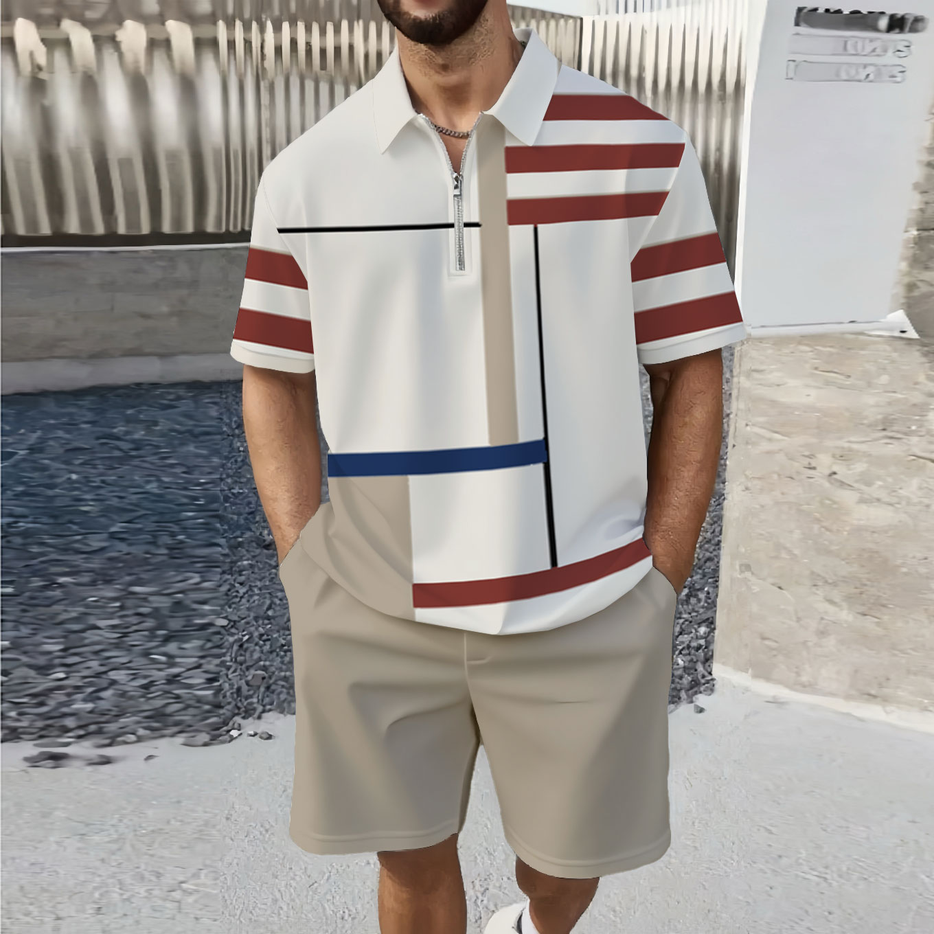 Men's Fashion Casual Zipper Polo Collar Geometric Printed Short-Sleeved Two-Piece Set