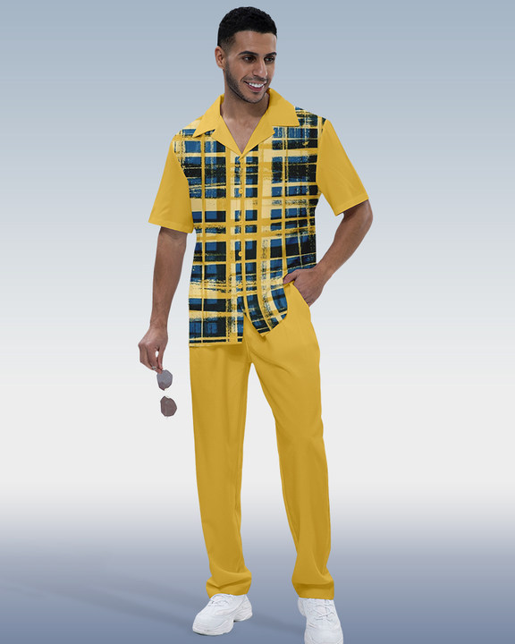 Men's Check Print Short Sleeve Shirt Walking Set