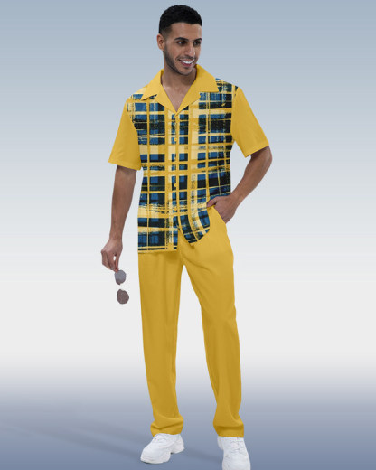 Men's Check Print Short Sleeve Shirt Walking Set