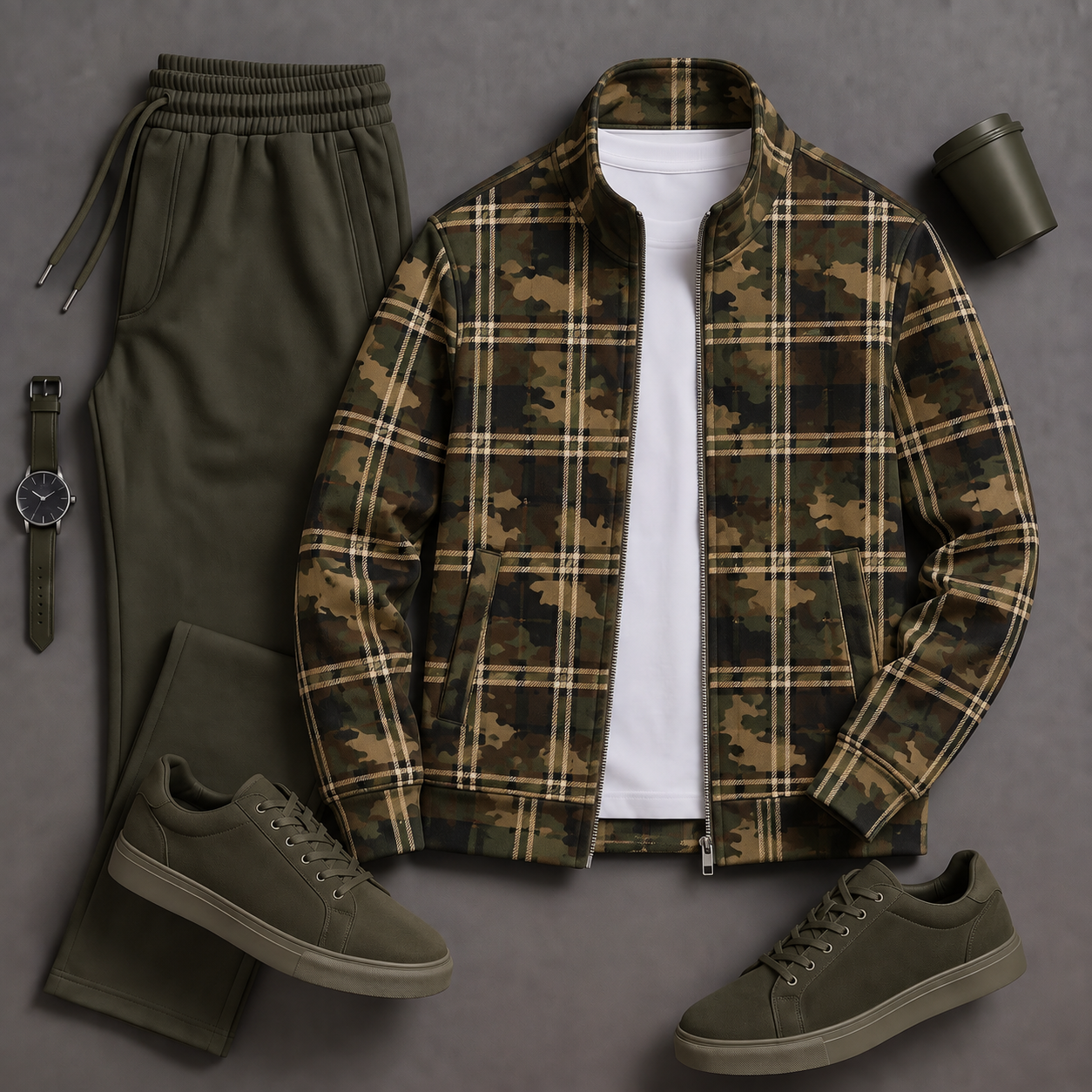 Men's Causal Stand Collar Green Camouflage Pattern Jacket & Pants Two-Piece Sets