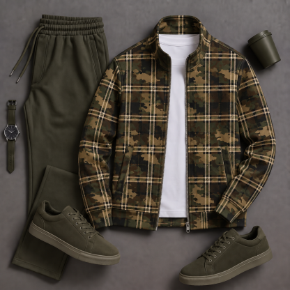 Men's Causal Stand Collar Green Camouflage Pattern Jacket & Pants Two-Piece Sets