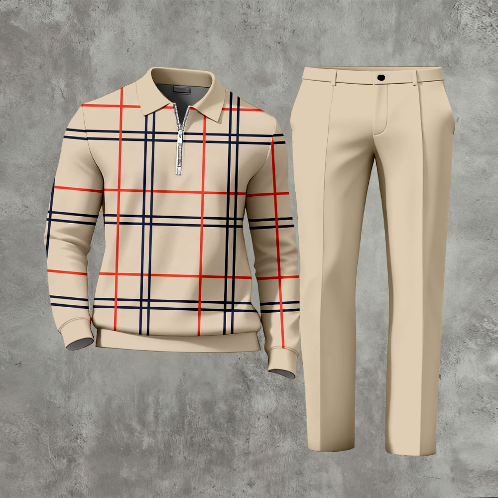 Men's Casual Apricot Color Matching Checked Printed Polo-Collar Zipper Long Sleeved Trousers Two-Piece Set
