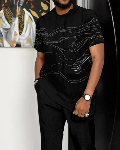 Men's Black Lineart Short Sleeve Athletic Walking Suit