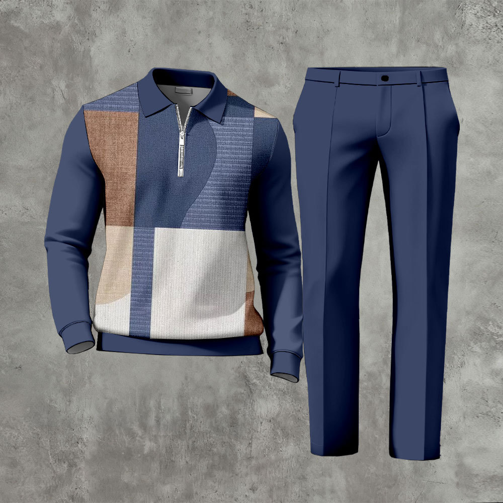 Men's Casual Navy Blue & Khaki Color Matching Geometric Printed Zipper