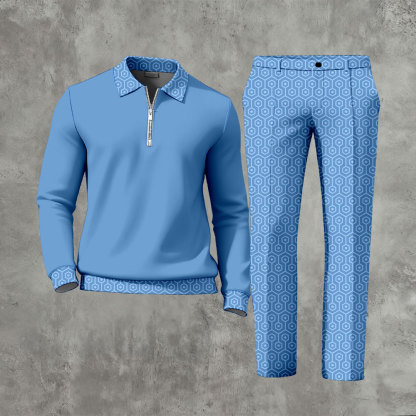 Men's Casual Solid Coloe Polo-Collar Zipper Long Sleeved Trousers Two-Piece Set -BLUE